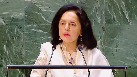 India’s permanent representative to the UN, Ambassador Ruchira Kamboj, delivers the country's statement at the UNGA on the Gaza crisis on March 5, 2024.