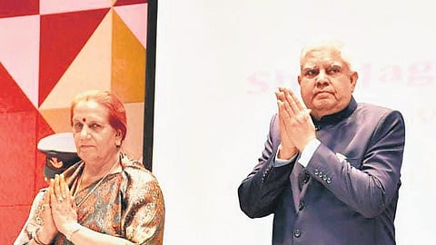 Vice-President of India Jagdeep Dhankhar with his wife Sudesh at IIT Dharwad on Friday