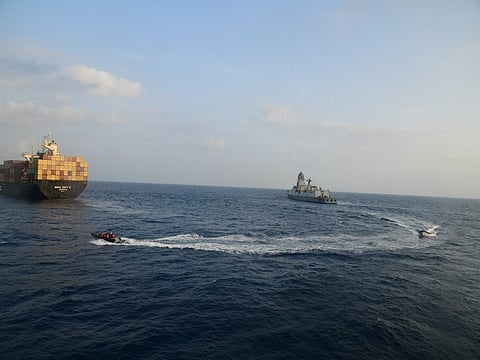 Indian warship responds to a distress call from Liberian-flagged merchant vessel in Gulf of Aden.