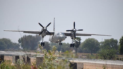 The Antov An-32 operates from the emergency landing facility in Andhra Pradesh's Bapatla district on Monday. 