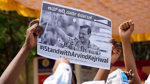 Aam Adami Party workers and leaders raise slogans during a protest against the arrest of Delhi CM Aravind Kejriwal across the country. 