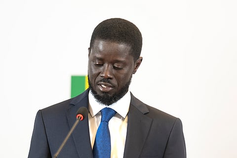 Bassirou Diomaye Faye holds a press conference after winning the presidential elections in Dakar, Senegal, Monday, March 25, 2024. 