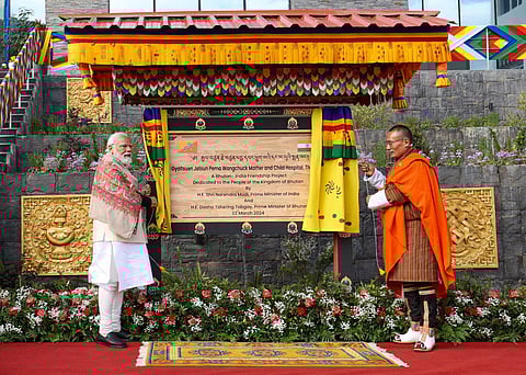 Prime Minister Narendra Modi and his Bhutanese counterpart Tshering Tobgay during the inauguration of the Gyaltsuen Jetsun Pema Mother and Child Hospital, in Thimphu, Bhutan.