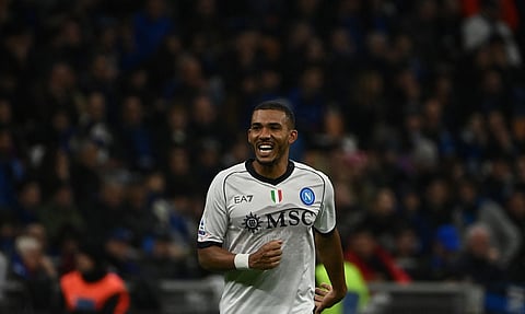 Napoli's Brazilian defender Juan Jesus celebrates after scoring a goal during the Serie A football match between Inter Milan and Napoli at San Siro stadium in Milan, on March 17, 2024.