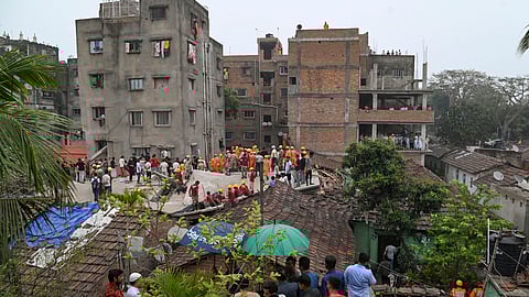 Rescue operation underway after a five-storey under-construction building collapsed, at Garden Reach area in Kolkata, Monday, March 18, 2024.