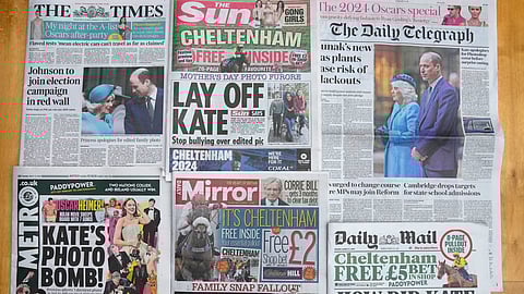 A montage of some of the front pages of Britain's newspapers, in London, Tuesday, March 12, 2024. 