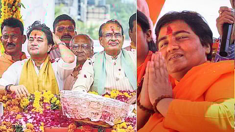 (L) Union Aviation Minister  Jyotiraditya Scindia with former MP Chief Minister Shivraj Singh Chouhan; (R) Bhopal MP and terror-accused Pragya Singh Thakur.