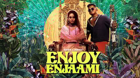 Poster of the popular single 'Enjoy Enjaami' featuring Dhee and Arivu as singers, and also in the video's visuals. 
