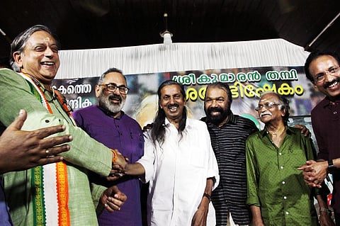 Congress, BJP and CPI candidates for Thiruvananthapuram parliamentary constituency, Shashi Tharoor, Rajeev Chandrasekhar and Pannyan Raveendran.