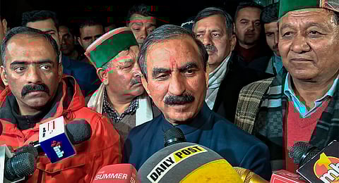 Himachal Pradesh Chief Minister Sukhvinder Singh Sukhu addresses the media after a meeting with Himachal Pradesh Assembly Speaker Kuldeep Singh Pathania at the Vidhan Sabha, in Shimla, Friday, March. 1, 2024. 