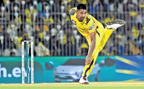 CSKs' Mustafizur Rahman bowls during the IPL Twenty20 cricket match between CSK and RCB at the MA Chidambaram Stadium in Chennai on March 22, 2024.