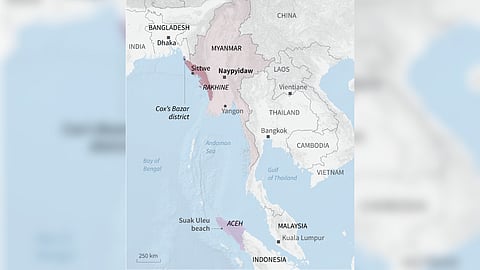 A map showing the Andaman Sea between Myanmar and north-west Indonesia. Thousands of Rohingya refugees risk their lives each year on long and expensive sea journeys, often on flimsy boats, to try to reach Malaysia or Indonesia.