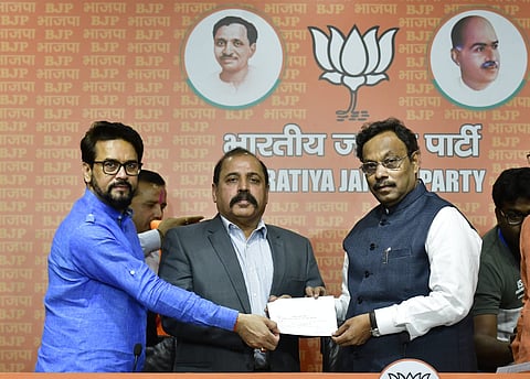Former Chief of Air Staff, Air Chief Marshal (Retd.) RKS Bhadauria joins BJP in the presence of party General Secretary Vinod Tawde and Union Minister Anurag Thakur in New Delhi on Sunday.