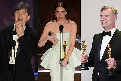 L-R: Cillian Murphy accepts the Oscar award for best performance by an actor in a leading role for "Oppenheimer"; Emma Stone wins best performance by an actress in a leading role for "Poor Things"; Christopher Nolan poses in the press room with the awards for best director and best picture for "Oppenheimer".