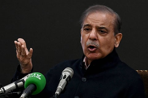Pakistan's former Prime Minister and leader of the Pakistan Muslim League-Nawaz (PML-N) party Shehbaz Sharif speaks during a press conference in Lahore on February 13, 2024.