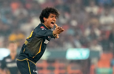 Gujarat Titans' Sai Kishore appeals successfully for the wicket of Mumbai Indians' Rohit Sharma during the IPL 2024 T20 cricket match between Mumbai Indians and Gujarat Titans