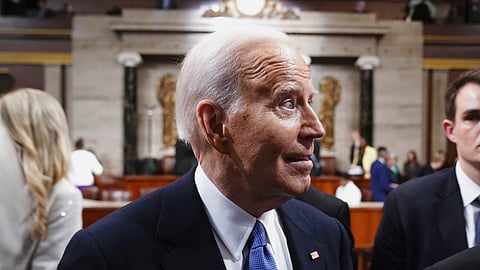 President Joe Biden departs after delivering the State of the Union address to a joint session of Congress at the Capitol
