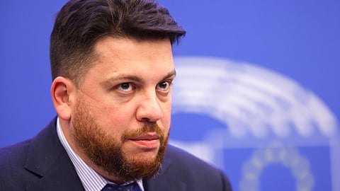 Russia's Leonid Volkov, chief of staff for the 2018 presidential election for Alexei Navalny's campaign, looks on at the European Parliament in Strasbourg, eastern France, Dec 15, 2021.