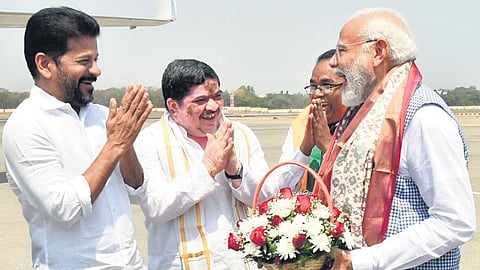 Chief Minister A Revanth Reddy and Transport Minister Ponnam Prabhakar see off Prime Minister Narendra Modi at the Begumpet Airport in Hyderabad on Tuesday