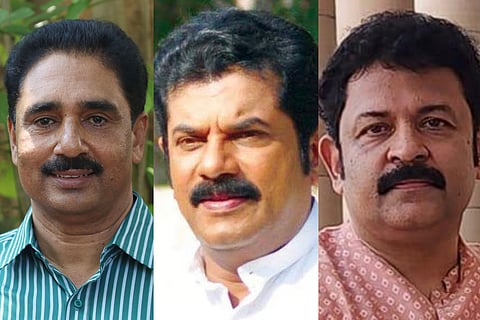 L-R: Sitting Kollam MP and Revolutionary Socialist Party (RSP) leader N K Premachandran; ruling LDF's CPI(M) MLA and film-star-turned-politician M Mukesh; film-star-turned-politician G Krishnakumar from the BJP