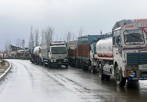 Vehicles in queues parked along the road as the Srinagar-Jammu national highway closed, in Qazigund, on March 2, 2024.