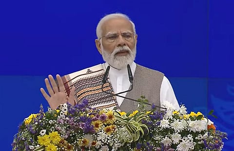 Prime Minister Narendra Modi addresses during the inauguration, dedication and foundation stone laying of various projects in Ahmedabad.