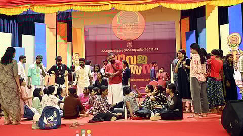 Participants of thiruvathira competition staging a protest at the venue of the youth festival alleging rigging of the result.