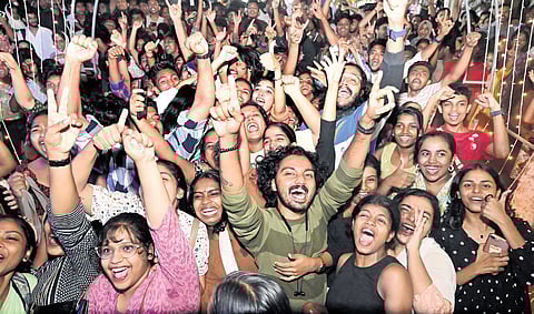 Students of Maharaja’s College, Ernakulam, who won the MG varsity Arts Festival, celebrate the victory on Sunday 