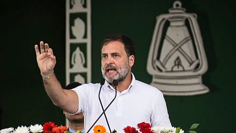 Congress leader Rahul Gandhi speaks during the 'Jan Vishwas Rally', at the Gandhi Maidan in Patna