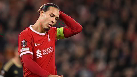 Liverpool's Dutch defender Virgil van Dijk reacts during the UEFA Europa League round of 16 second leg football match between Liverpool and AC Sparta Praha on March 14, 2024.