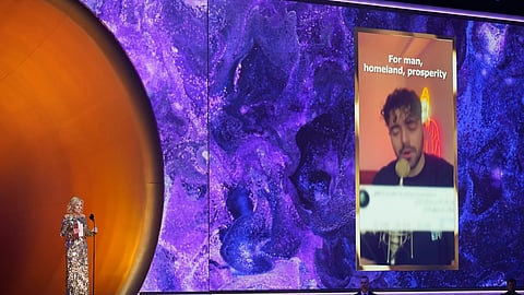 First lady Jill Biden accepts the award for best song for social change on behalf of Shervin Hajipour for "Baraye" at the 65th annual Grammy Awards on Feb. 5, 2023, in Los Angeles.