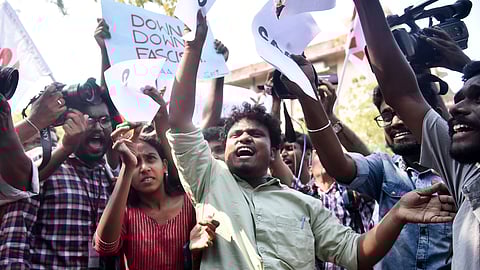 Members of the Students Federation of India (SFI) of Madras University held a protest against the Citizenship Amendment Act on Tuesday.