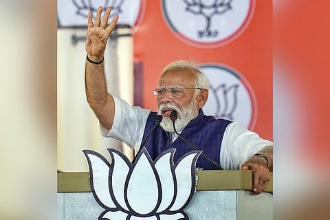 Prime Minister Narendra Modi addresses during a public meeting ahead of Lok Sabha elections, in Salem, Tamil Nadu, Tuesday, March 19, 2024.