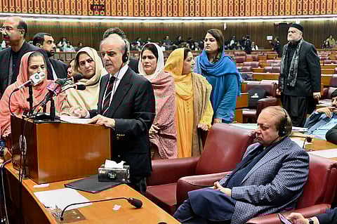 Pakistan's newly elected Prime Minister Shehbaz Sharif, fourth left, delivers his speech following his appointment, at a parliament session, in Islamabad, Pakistan, Sunday, March 3, 2024. 