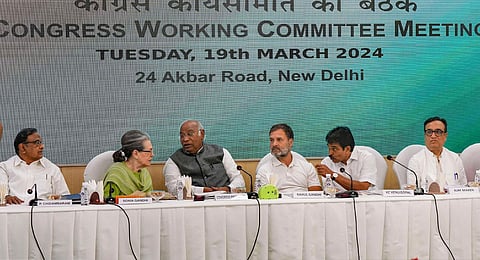 Congress President Mallikarjun Kharge with party leaders Sonia Gandhi, Rahul Gandhi, P Chidambaram, KC Venugopal, Ajay Maken and others during the Congress Working Committee (CWC) Meeting at AICC headquarters, in New Delhi, Tuesday, March 19, 2024.
