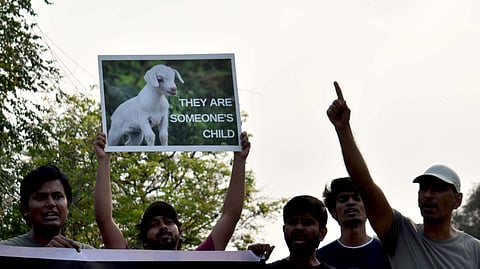 Rights activists staging a protest demanding personhood status for animals near South Thasildar office in Coimbatore on Saturday.