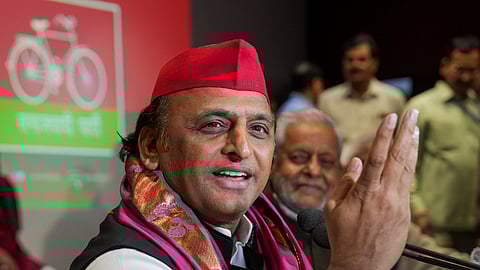 Samajwadi Party President Akhilesh Yadav addresses a press conference at the party office, in Lucknow