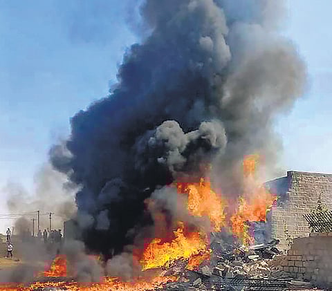 A Tejas aircraft was in flames after it crashed near Jaisalmer in Rajasthan on Tuesday.