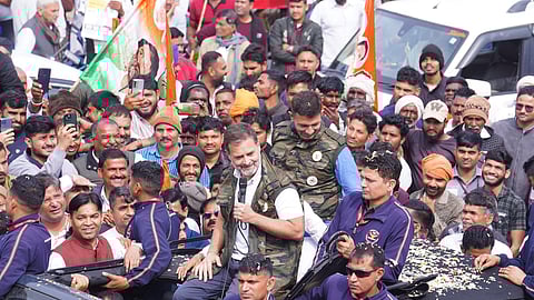 Former Congress president Rahul Gandhi in Gwalior district of Madhya Pradesh on Sunday.  