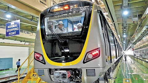 The first set of prototype six coach metro train for Yellow lane, at Hebbagodi Metro depot near Electronics City on Wednesday 