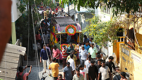 Funeral procession of the nine-year-old girl on Thursday, whose body was found dumped in a drain near her residence at Solai Nagar in Puducherry on Tuesday.