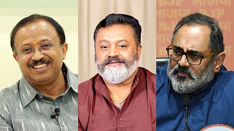 (L to R) MoS External Affairs V Muraleedharan, Rajya Sabha MP Suresh Gopi, MoS IT Rajeev Chandrashekhar are part of BJP's 12 candidates in Kerala.