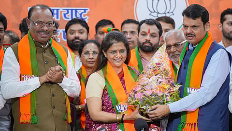 Former Lok Sabha Speaker Shivraj Patil's daughter-in-law Archana Patil Chakurkar joins BJP in presence of Maharashtra Dy CM Devendra Fadnavis and Maharashtra BJP President Chandrashekar Bawankule, in Mumbai, Saturday, March 30, 2024.