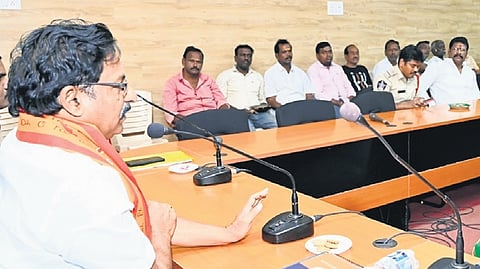 Srisailam temple Executive Officer D Peddi Raju speaking at a meeting to review arrangements for Ugadi Mahotsavam, on Friday 