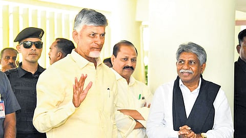 TDP supremo N Chandrababu Naidu with MRPS founder president Manda Krishna Madiga at the former’s residence in Undavalli on Sunday 