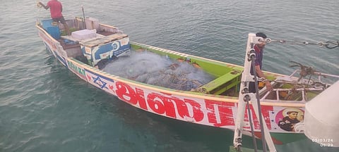 The country boat sailing towards Sri Lanka in which the sacks of hashish were found (Photo | Special arrangement)