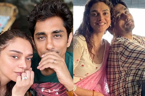 Aditi Rao Hydari & Siddharth flaunt their rings after their engagement; the couple on the sets of the 2021 Telugu film 'Maha Samudram'