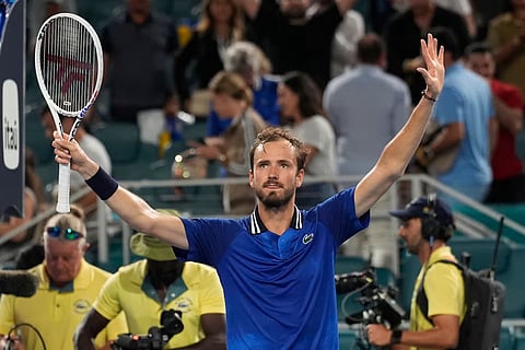 Daniil Medvedev gestures to the crowd after defeating Nicolas Jarry