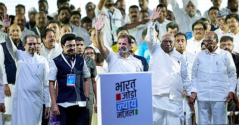 Congress leader Rahul Gandhi with party President Mallikarjun Kharge, Shiv Sena (UBT) leader Uddhav Thackeray, Tamil Nadu CM M K Stalin and NCP chief Sharad Pawar during a rally at the conclusion of the Bharat Jodo Nyay Yatra, in Mumbai, Sunday, March 17, 2024
