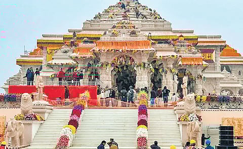 Ram temple in Ayodhya decked up for the consecration ceremony.
